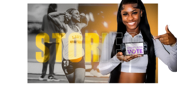 Young woman proudly showing a phone screen with a "Register to Vote" message.
