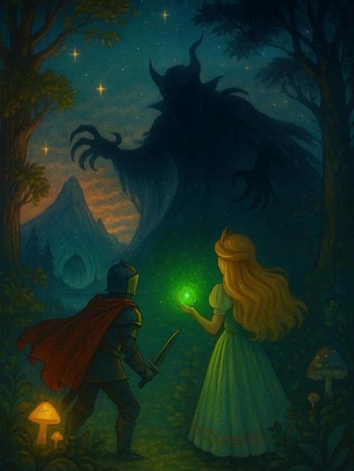 A knight and a woman face a giant shadowy monster in a mystical forest night.
