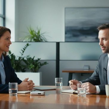 A man and woman in business attire having a meeting in a modern office.