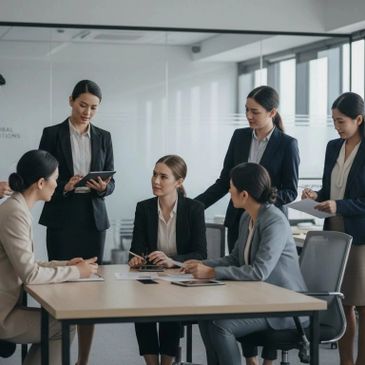 A group of professionals engaged in a business meeting in a modern office.
