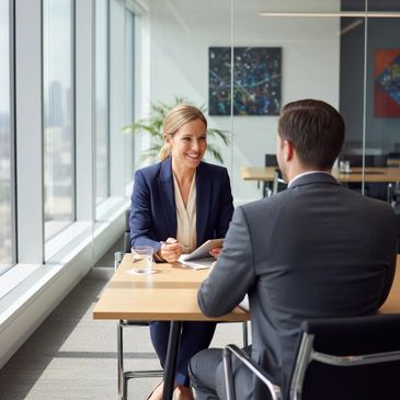 Two professionals having a business discussion in a modern office.