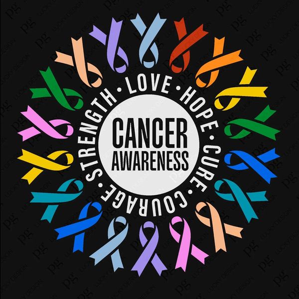Circle of colorful cancer awareness ribbons with supportive words.