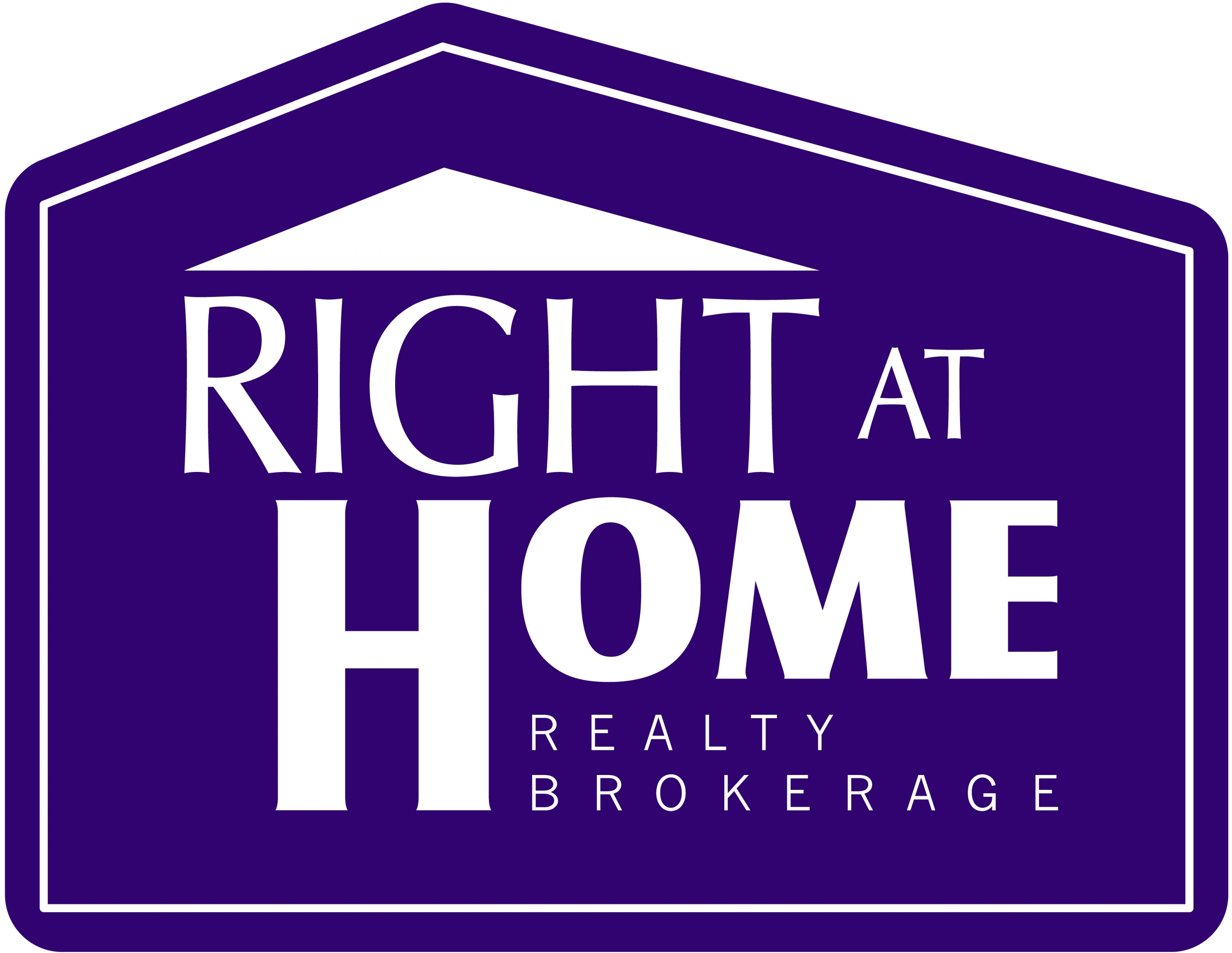 Logo of Right At Home Realty Brokerage in white on a purple background.