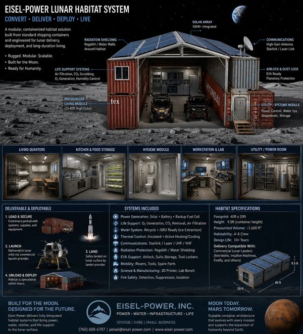 Modular lunar habitat system for long-duration living on the Moon.