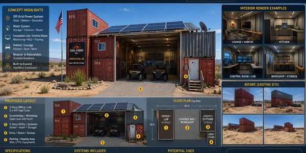 Modular off-grid power system housed in shipping containers with solar panels.