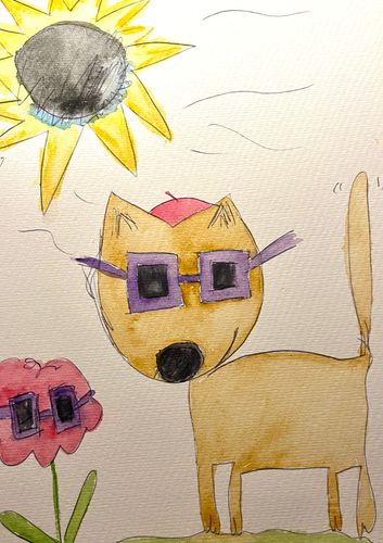 drawing of a dog and a flower with eclipse glasses on and what we think the eclipe will look like.
R
