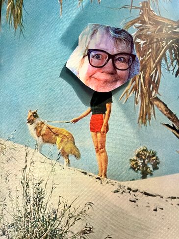 My big head collaged on a small woman's body walking a dog.