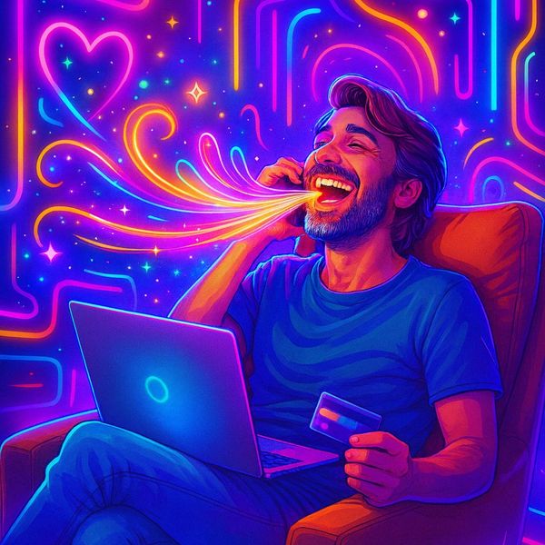 Man joyfully talking on phone with colorful neon lights and laptop.