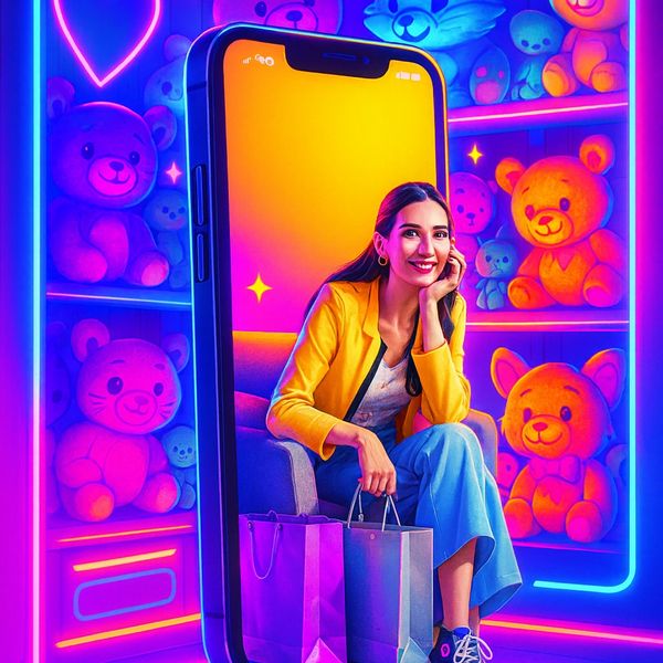 A woman sitting inside a giant smartphone with neon lights and teddy bears around.