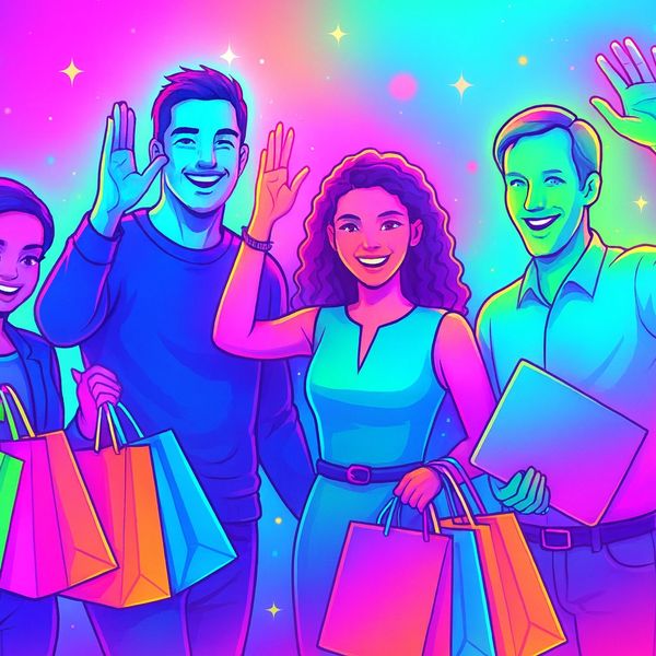 Four colorful people with shopping bags smiling and waving in a vibrant neon background.