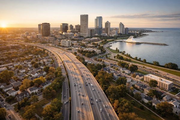 Aerial view of a city skyline with a highway and waterfront at sunset.