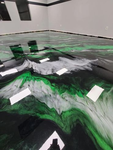 Black Pearl, Jade Green and Bright White Metallic Epoxy Floor.