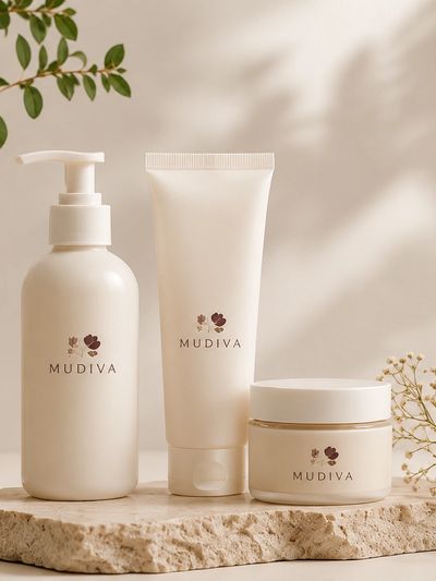 Elegant Mudiva skincare set on natural stone with soft lighting.