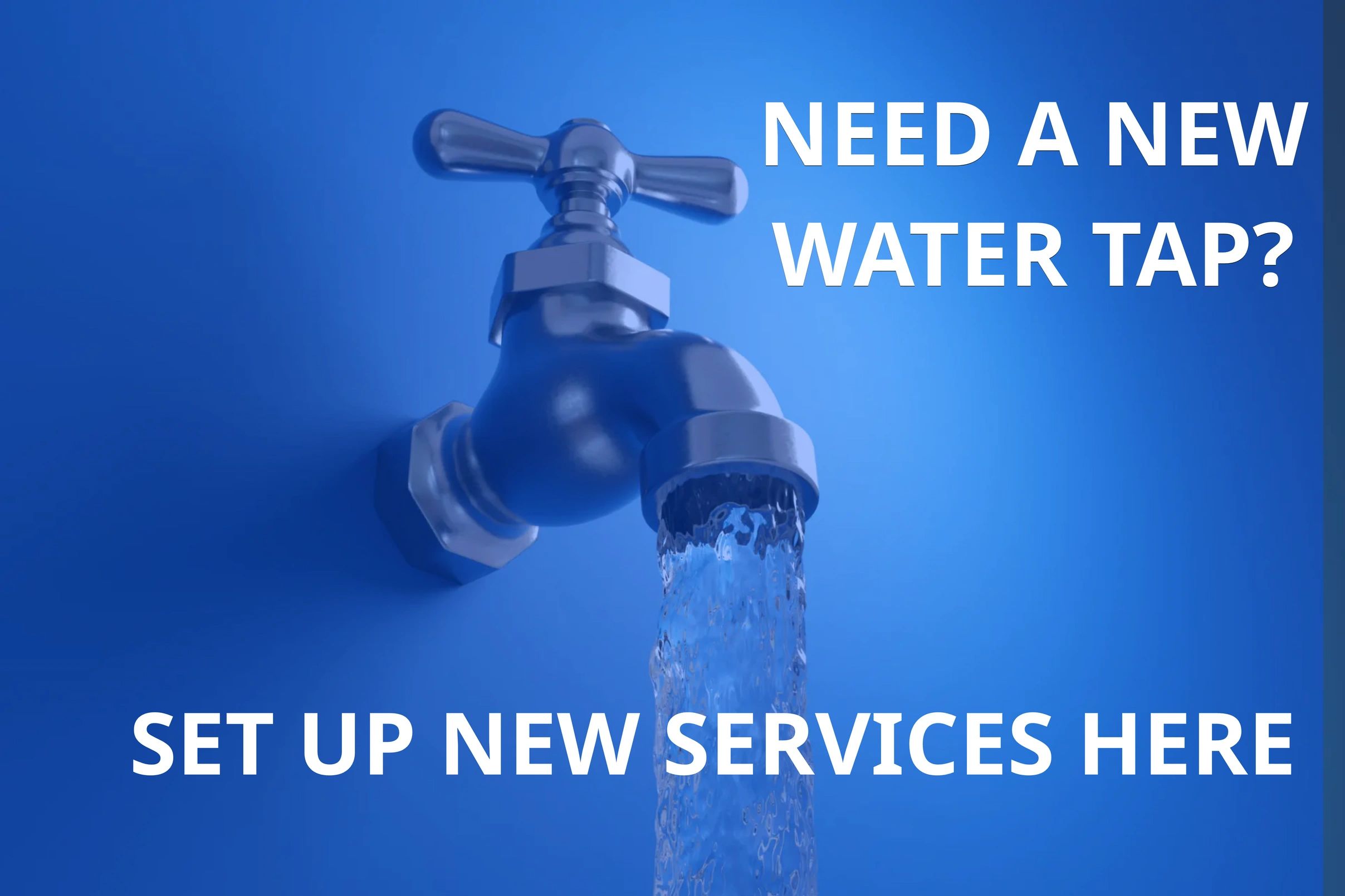 Blue water tap with flowing water and service advertisement text.