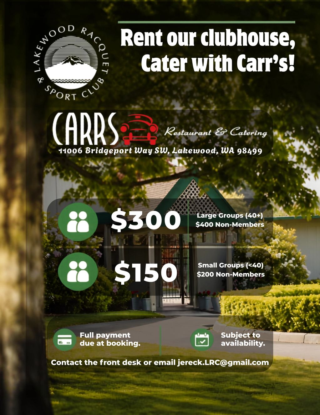 Clubhouse rental prices and catering details at Lakewood Racquet & Sport Club.