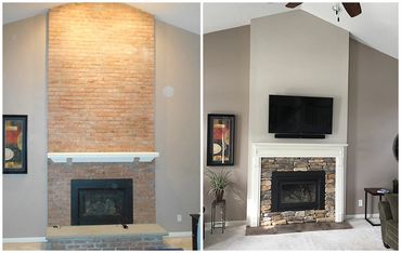 a before and after photo of a gas fireplace insert
