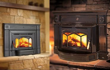 a side by side photo of a wood burning fireplace insert