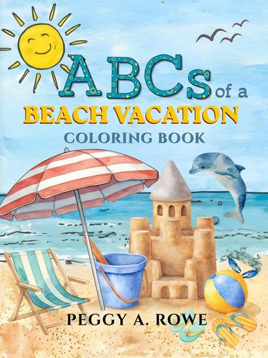 Colorful cover of a beach vacation ABC coloring book with sandcastle and dolphin.