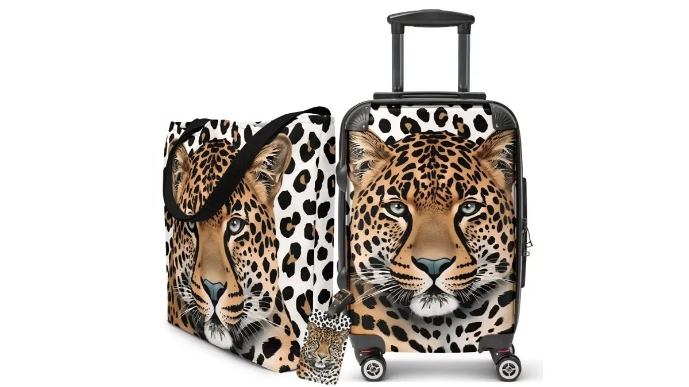 Leopard print luggage collection featuring original designs rolling suitcase, matching tote bag