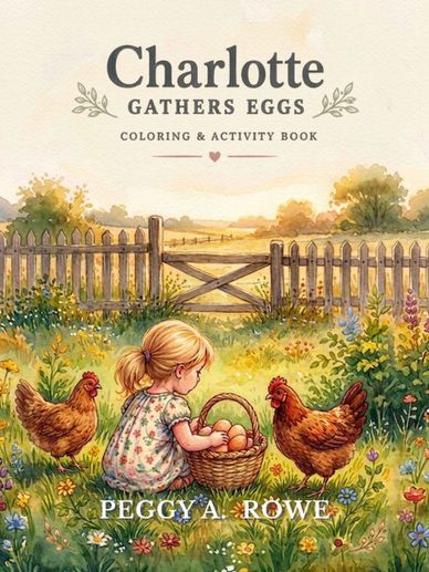 A young girl gathers eggs from chickens in a garden on a coloring book cover.
