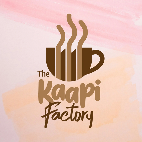 Logo of The Kaapi Factory with a steaming coffee cup on a pastel background.