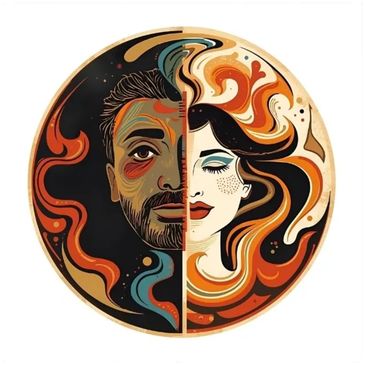 Illustration of a man and woman split within a circular frame with swirling patterns.