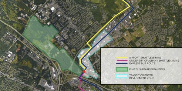 Map showing shuttle routes and development zones near Pine Bush Park Expansion.