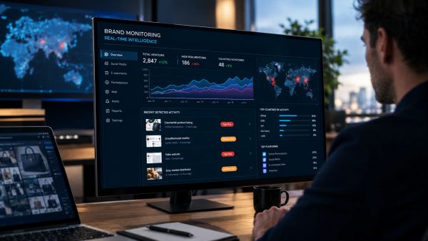 Man monitoring brand data on a large screen in an office.