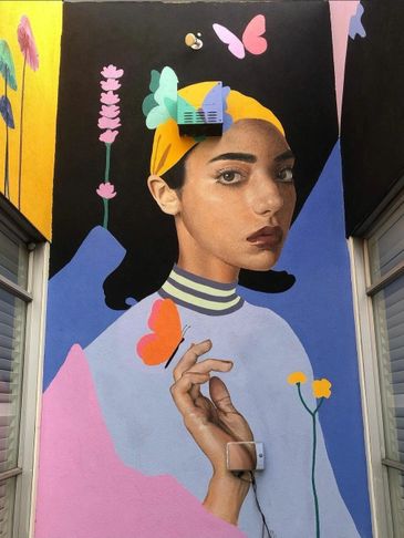 Artist Mara Bubblegum acrylic wall mural in Gardena, Ca. for PrintOnTees by SCOPEINC.