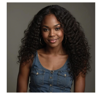 Smiling woman with beautiful curly hair and denim top.