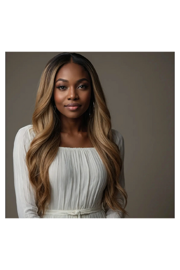 Elegant woman with long wavy hair in a white dress against a neutral background.