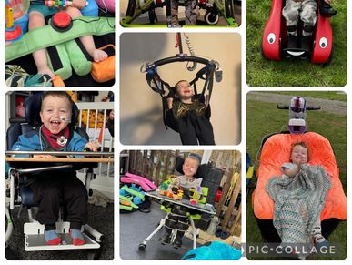 Collage of a happy child with disabilities using various assistive devices indoors and outdoors.