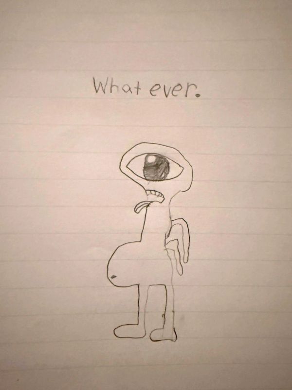 A quirky one-eyed creature with the word 'Whatever.'