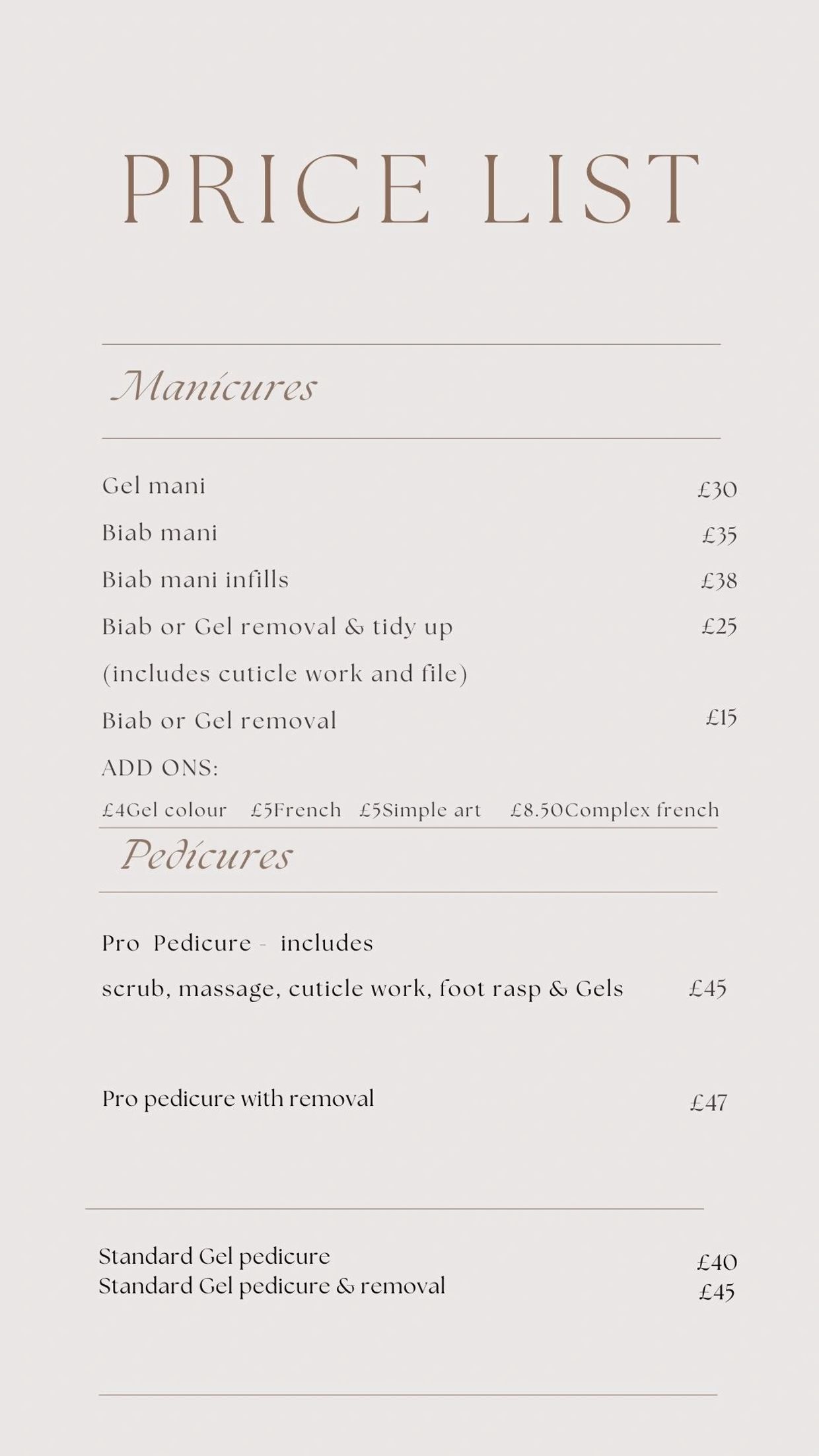 price list for manicures