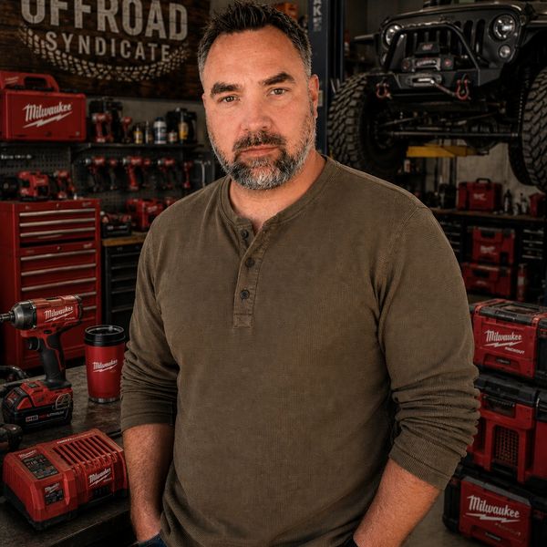 A man stands in a workshop surrounded by Milwaukee tools and off-road equipment.