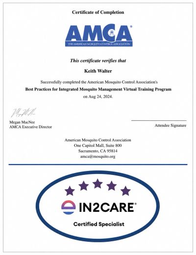 Keith Walter is AMCA and In2Care certified, providing science-based integrated mosquito management a