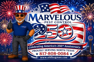 Advertisement for Marvelous Pest Control's 250th anniversary with fireworks.