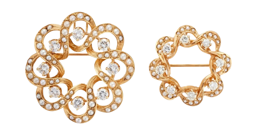 a pair of antique diamond and pearl circular brooches