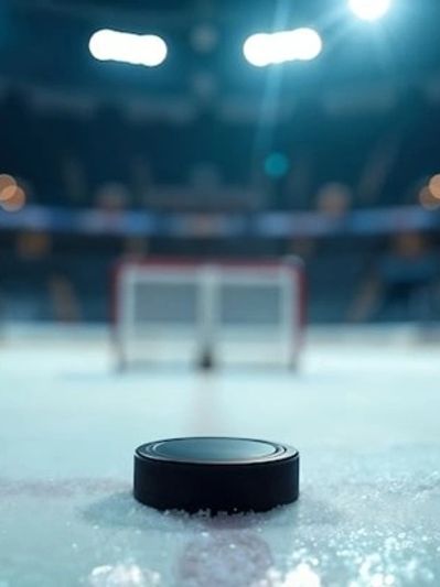 Ice hockey puck on ice rink near goal net.