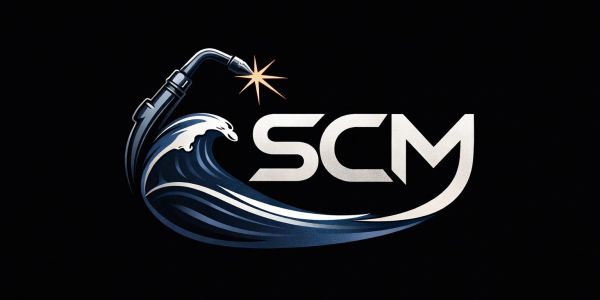 SCM logo with a welding torch and wave design on black background.