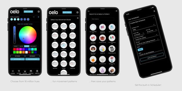 Smartphone app interface showing color control, movement mode selection, pattern saving, and scheduler features.