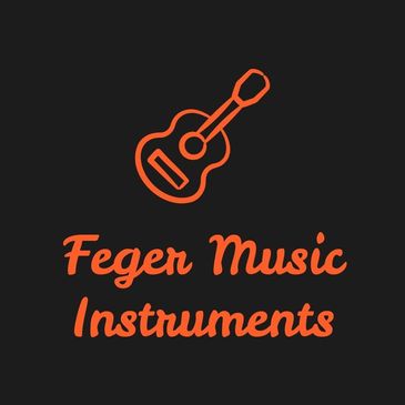 Orange guitar icon with 'Feger Music Instruments' text on black background.