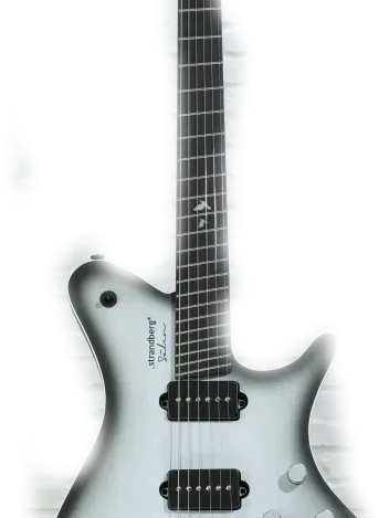 Sleek silver electric guitar with dual pickups and control knobs.
