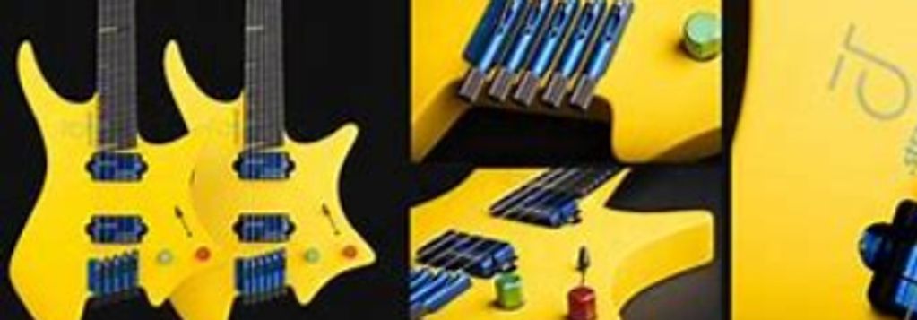 Bright yellow electric guitars with modern design and unique details.