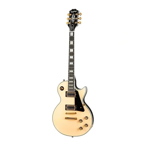 Cream-colored Epiphone Les Paul electric guitar with gold hardware.