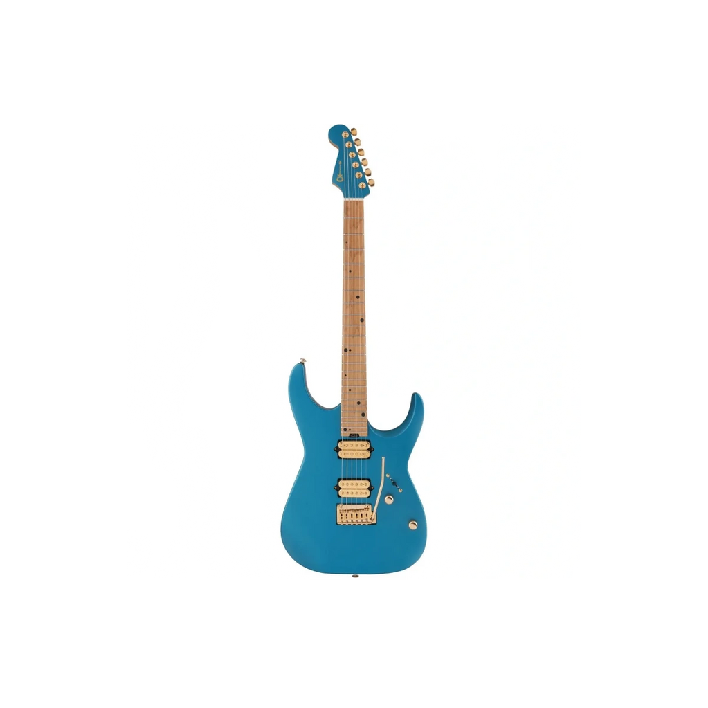 Blue electric guitar with maple neck and gold hardware.