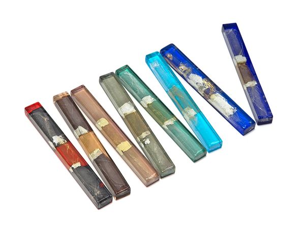 Alluvial Bars, fused and polished glass with gold ans silver leaf inclusions by Bethany Wheeler.