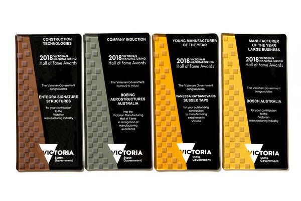 Victorian Manufacturing Hall of Fame Award plaques, 2018 by 1000 Degrees + Bespoke Awards.