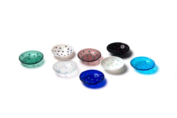 Dot bowls, fused and slumped glass by Bethany Wheeler.