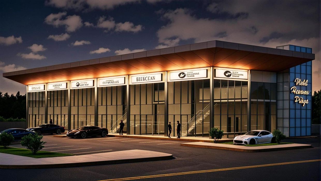 Modern illuminated commercial building with luxury cars parked outside at night.